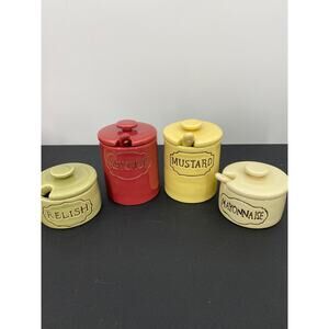 Pottery Barn Condiment Set Ceramic Vintage Style Ketchup Mustard Mayo Relish